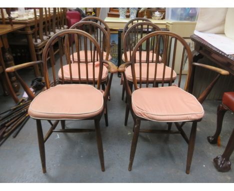 SET OF FOUR AND SIX ERCOL UTILITY STICK BACK CHAIRS.