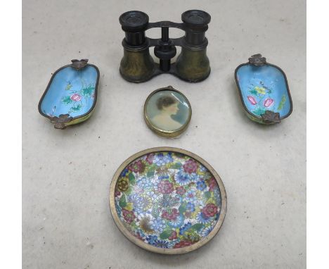 THREE PIECES OF CLOISONNE, MINIATURE PORTRAIT AND OPERA GLASSES.