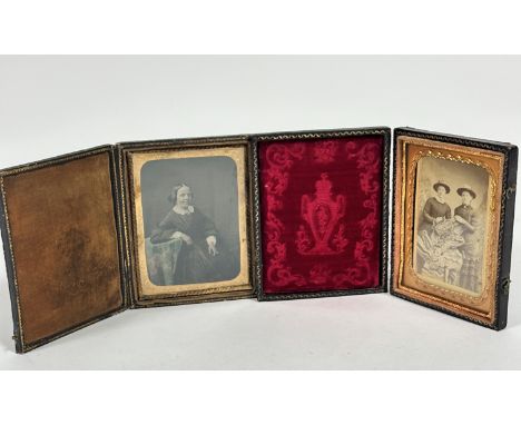 A pair of 19thc photographs depicting a figure in black silk dress with lace collar, in original cased frame, (12cm x 9cm) an