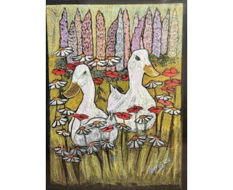 Albert Noriss, Two Aylesbury Ducks in a Garden, pastel on board, signed bottom right, dated '01, oak glazed mounted frame, (7