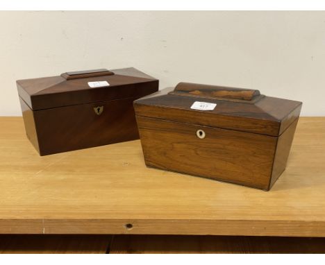 A 19th century rosewood tea caddy of sarcophagus form, with mother of pearl escutcheon and partially void interior, (H14cm, W