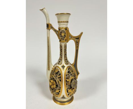 A Royal Worcester cane ware rosewood ewer in the Middle Eastern style, missing knop, spout damaged, has been previously glued