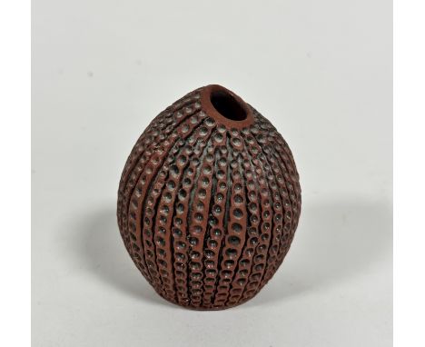 A Poole studio pottery seed style bud vase with incised dotted decoration, impressed mark verso BB, (h 9cm x 4cm)