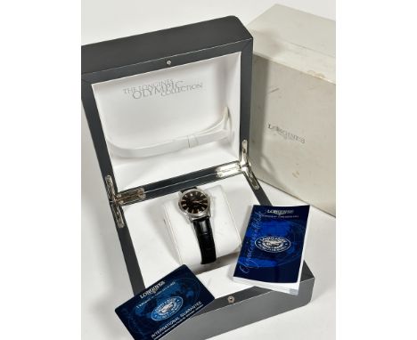 A Longines gentleman's Conquest automatic water resistant stainless steel wristwatch with black enamelled dial with baton hou