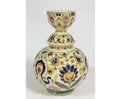 A Hungarian KB pottery Zsolnay Pecs style baluster vase with cup style top decorated with stylised lotus flower and leaf all 