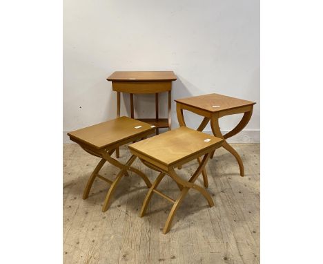 A pair of folding beech side tables (H51cm) together with another side table, (H63cm) and a console table fitted with a drawe