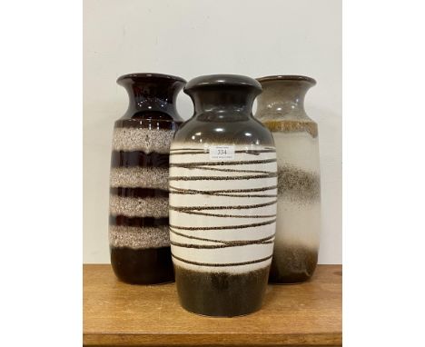 Three brown and white glazed West German ceramic vases, tallest 41cm