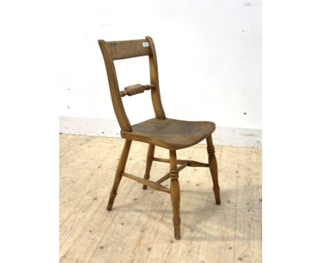 An early 19th century elm and beech vernacular rail back chair with ring turned supports, H81cm
