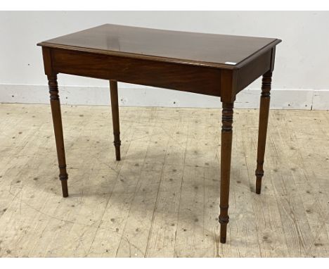 A Victorian mahogany table, with moulded top raised on ring turned supports, H75cm, W92cm, D53cm