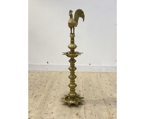 A Sri Lankan vintage brass floor standing oil lamp circa 1970 with cockerel surmount H115cm