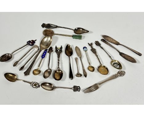 A collection of miscellaneous Continental and British souvenir type teaspoons with various crests, enamel crests, etc a pair 