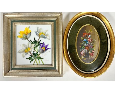 FXO, a ceramic tile with hand painted floral spray, in silver and painted frame, (12.5cm2) and a Continental oval miniature o