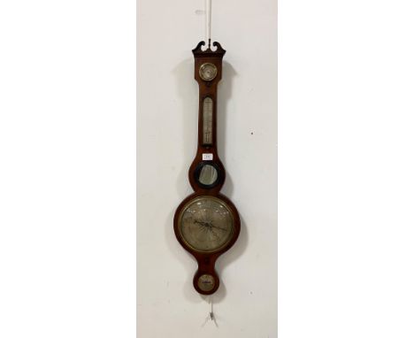 An early Victorian barometer and thermomter in an inlaid mahogany banjo pattern case, with silvered registers, centred by a m