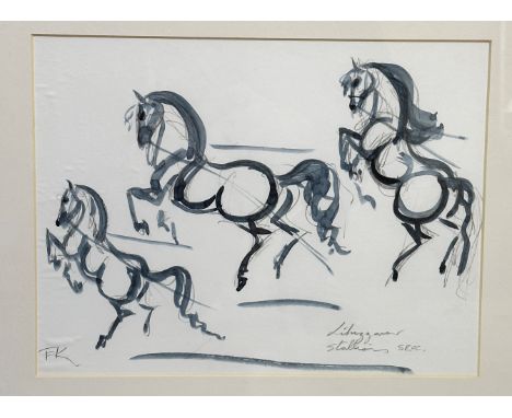 Terry Barron Kirkwood (Scottish) Prancing Lipuzzana Stallions, pencil and watercolour sketch, signed bottom left in pencil an