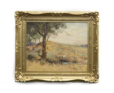 DONALD MACQUARRIE (SCOTTISH fl 1896 - 1932),
SHEEP IN AN AYRSHIRE LANDSCAPE 
oil on board, signed 
41cm x 51cm 
Framed (origi