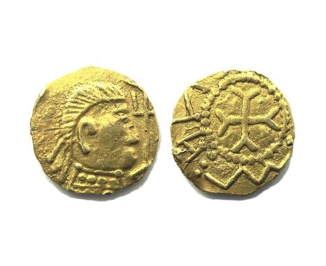 Anglo-Saxon Witmen Type Gold Thrysma. Crondall type, c. 620-645. Gold, 1.23 grams. 11.50 mm. Obverse: Bust right, draped and 