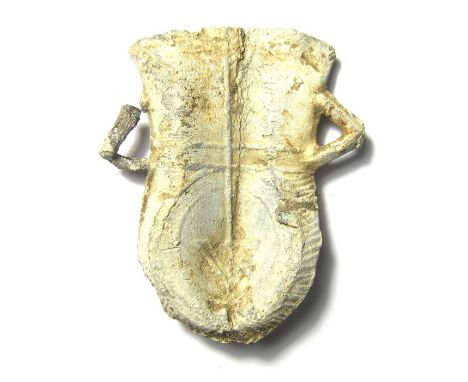 Medieval Pilgrims Ampulla.Circa, AD 1300-1400. Lead, 26.39 grams, 44.71 mm. A nice example of a lead ampulla from the shrine 