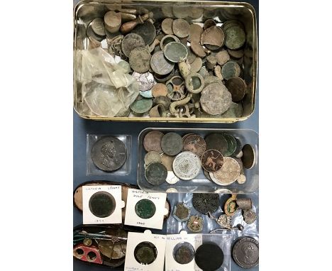 Coins and metal detector finds (some silver), includes George III Cartwh Two pence, 1820 Coronation medal for George IIII, we