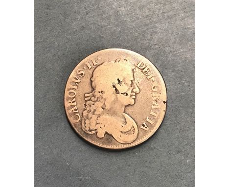Charles II Crown 1676 V. OCTAVO.Condition:- wear & scratches to upper surface, deeper scratch to portrait, all lettering read