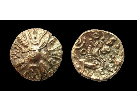 Hayling Wreath gold quarter stater attributed to the Belgae of Hampshire. An excessively rare type with only two others known