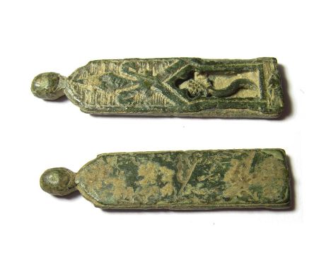 Medieval Strap-End. Circa, 14th century AD. Copper-alloy, 4.18 grams. 40.03 mm. A nice example of a medieval composite strap-