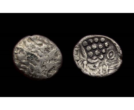 Durotriges Cranborne Chase Stater.Silver, 4.62 grams, 20.29 mm. Obverse: Wreath, cloak and crescents. Reverse: Disjointed hor