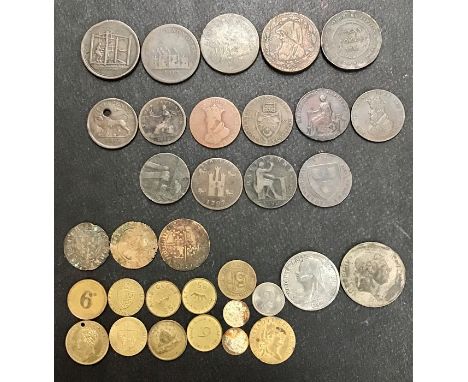 British and World Token Coins. Includes Penny tokens 2 x Flint Lead works 1813, Barnsley Penny Token, Bromwich.Oldbury.Tipton