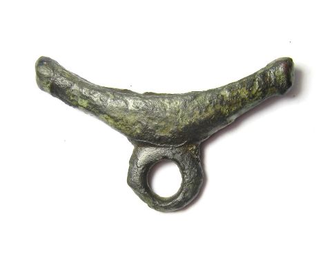 Iron Age Woad Grinder. Circa 100 BC - 100 AD. Copper-alloy, 18.60 grams. 51.56 mm. A Celtic or Roman cosmetic mortar, crescen