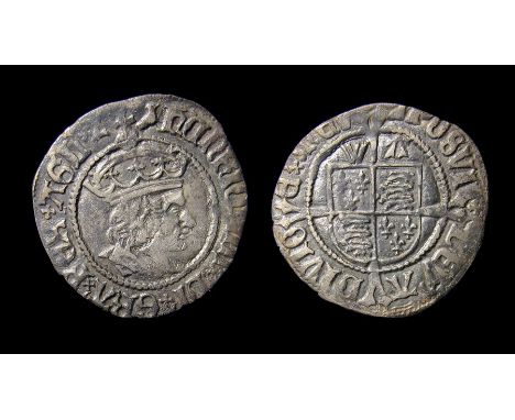 Henry VIII Halfgroat.First coinage, 1509-26. Silver, 1.37 grams. 21 mm. Obverse: Portrait of Henry VII right, HENRIC VIII DI 