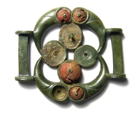 Celtic Strap-Junction. Circa, 100 BC - 100 AD. Copper-alloy, 97.81 grams. 75.21mm x 65.37mm. A magnificent piece of Celtic me