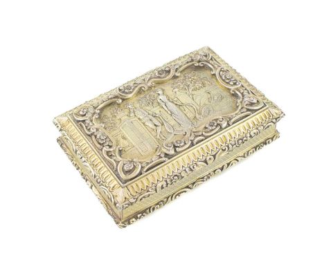 A Victorian silver-gilt snuff box, by Nathaniel Mills, Birmingham 1850,rectangular form, scroll foliate borders with engine-t