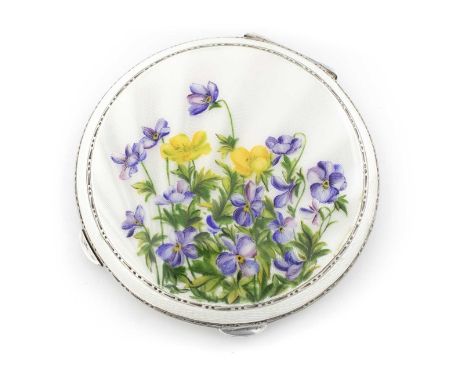 A silver and enamel compact,by Henry Clifford Davis, Birmingham 1952, circular form, with engine-turned decoration to the bas