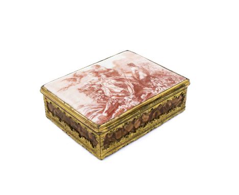 A mid-18th century aventurine glass and ormolu snuff box with an enamel cover, (211018) possibly Battersea, circa 1755, recta