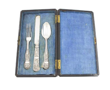 A 19th century three-piece Chinese silver christening set, by Leeching, circa 1850, comprising: a knife, fork and spoon, chas