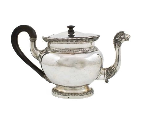 An early-19th century French silver teapot,by Marc-Augustin Lebrun, Paris circa 1810,oval form, beaded and gadrooned borders,