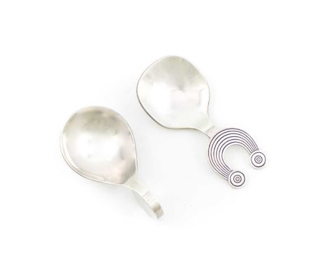 Designed by A.G. Styles for Garrard and Co., a modern silver caddy spoon, London 1970, plain fig-shaped bowl and plain circul