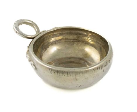 A 19th century French silver wine taster, plain circular form, double snake ring handle, inscribed 'M. HEBRARD A ORCET', leng