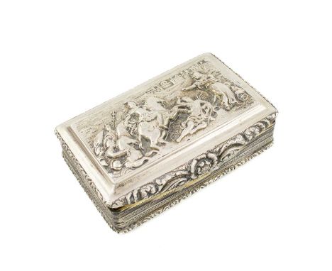 A George IV silver snuff box,by Thomas P. Prothero, London 1821,rectangular form, scroll foliate borders with engine-turned d