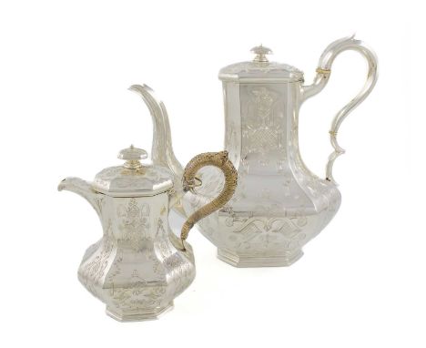 λ A Victorian silver coffee pot and hot milk pot, by Charles Reily & George Storer, London 1838, octagonal bellied form, engr