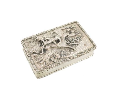 A William IV silver snuff box, by Edward Smith, Birmingham 1834, rectangular form, scroll foliate borders, the hinged cover w