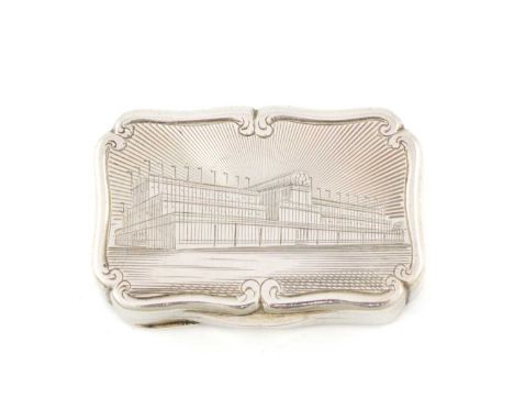 A Victorian silver engraved 'castle-top' vinaigrette, Crystal Palace,by George Unite, Birmingham 1850,shaped rectangular form