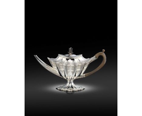 A fine George III silver teapot, by Charles Aldridge, London 1789, bat-wing panelled shaped oval form, bright-cut foliate dec