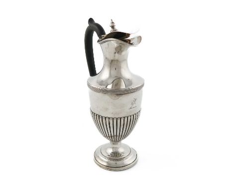 A late-Victorian silver hot water pot, by Horace Woodward & Co Ltd, London 1897, vase form, scroll handle, reeded and part fl