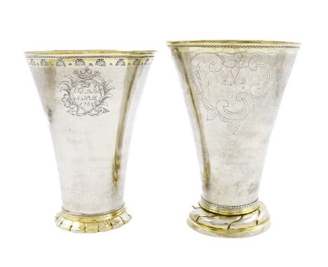  An 18th century Swedish silver beaker, by Erik Lemon, Uppsala, possibly 1763, tapering circular form, gilded border, engrave