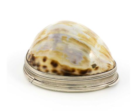 A George III Irish silver-mounted cowrie shell snuff box, maker's mark only I.K, probably for James Kennedy, Dublin circa 179