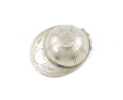 A George III silver jockey cap caddy spoon, by Joseph Taylor, Birmingham 1798, engraved decoration, the brim with a vacant sh