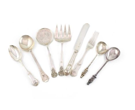 A mixed lot of silver flatware, comprising: a Scottish trefid spoon by Wilson &amp; Sharp Ltd, Edinburgh 1935, with scratched