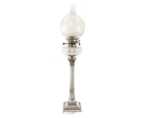 An Edwardian silver Corinthian oil lamp,by Mappin &amp; Webb, Sheffield 1904,Corinthian column form, a cut-glass reservoir bo