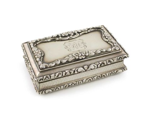 A Victorian silver snuff box, by Nathaniel Mills, Birmingham 1841, rectangular form, chased scroll foliate borders, engine-tu