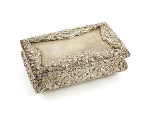 A Victorian silver snuff box,by Willmore &amp; Co., Birmingham 1842,rectangular form, foliate scroll border and sides, engine